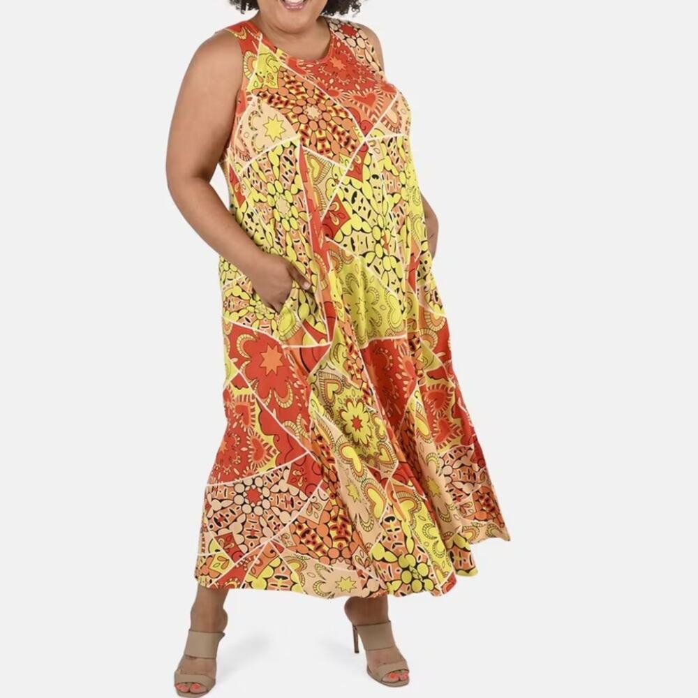 NWT Tamsy Yellow Printed Long Maxi Dress - One Size Plus